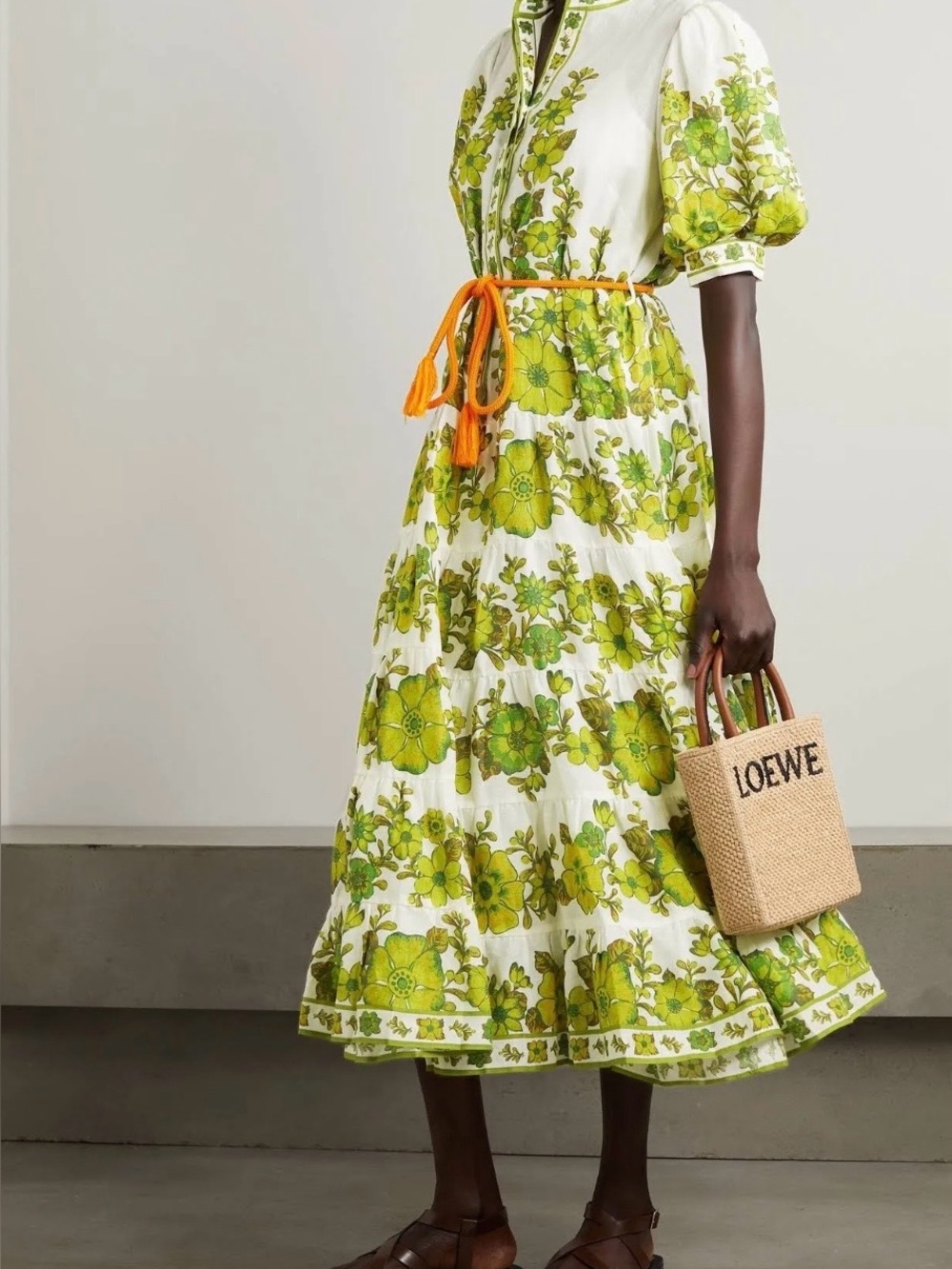 ALEMAIS Wallis Tiered Puff-Sleeve Rope-Tie Midi Dress green floral